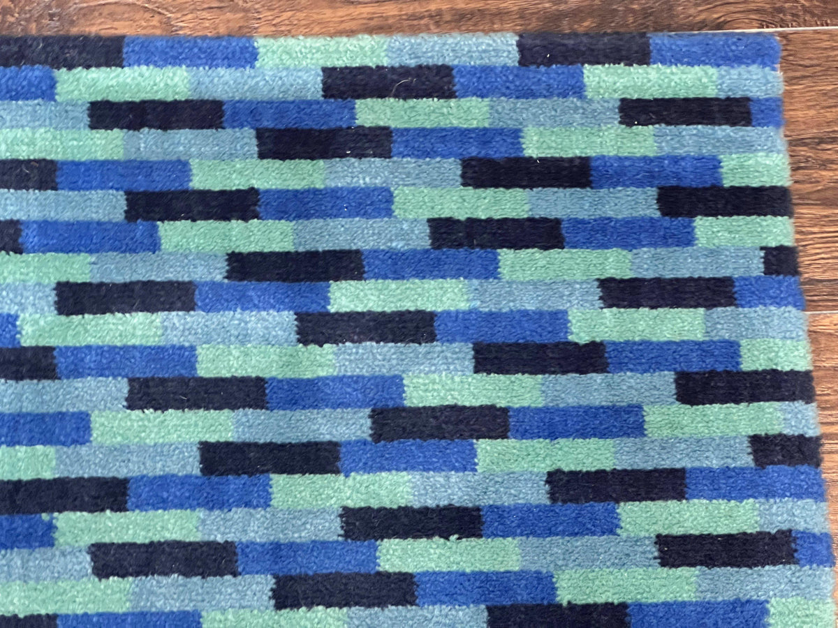 Wide Runner Rug 4.7 x 12, Blue Multicolor Contemporary Wool Power Loomed Rug, Mosiac Design