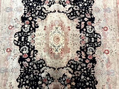 Pak Persian Tabriz Rug 8.6 x 11.6, Black Pink, Traditional Elegant Formal Oriental Carpet, Dining Room Rug, Fine 225 KPSI - Nuvé