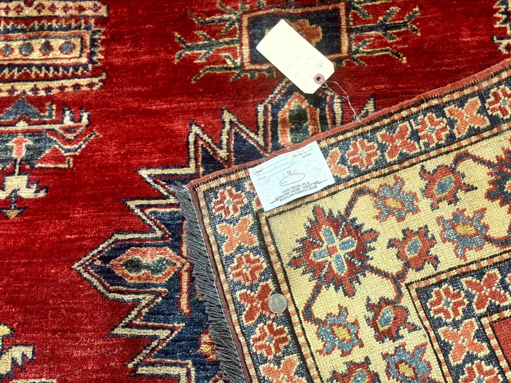 Square Turkish Rug 6x6, Azerbaijani Azeri Turkish Armenian Rug, Red Tan Blue, Geometric, Wool Carpet - Nuvé