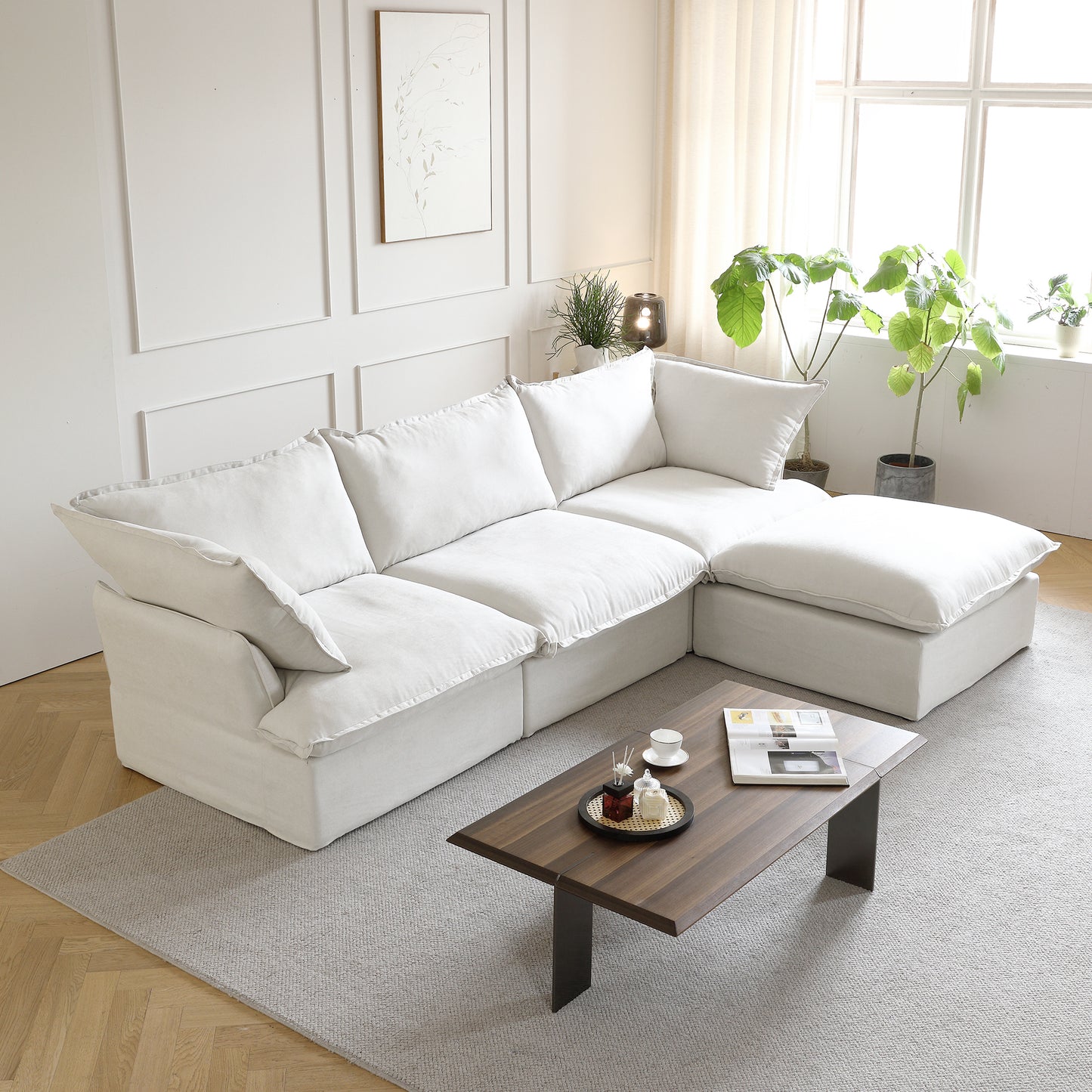 Sabi Modular Boucle Cloud Sofa - Snow White - 3-Seater Sectional Sofa with Ottoman - Nuvé