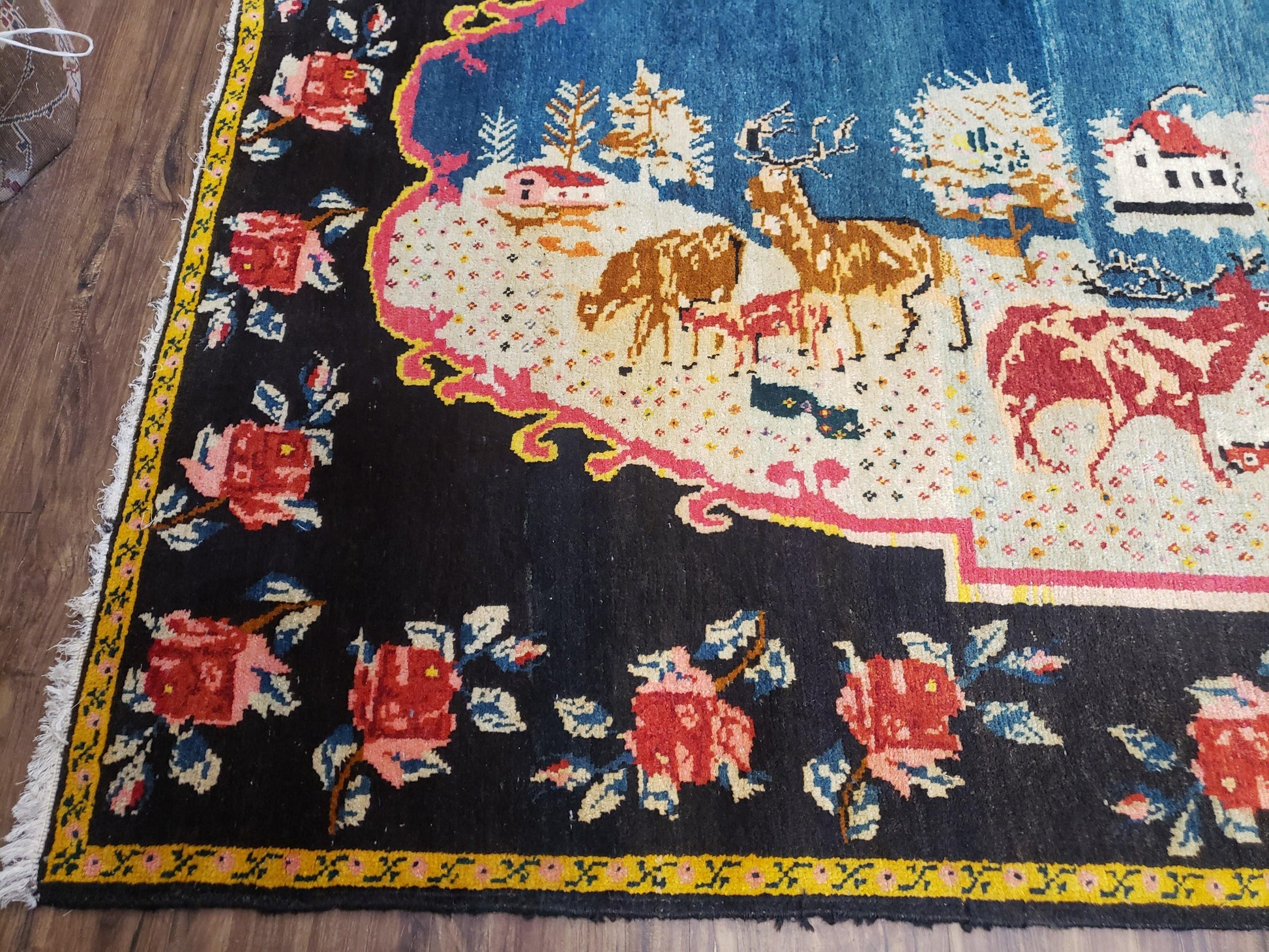 Antique Persian Pictorial Rug 4'6" x 9', Wool Hand-Knotted Blue Roses Karabagh Caucasian Carpet, 1920s Girl Deer Tapestry Wall Hanging Rug - Nuvé