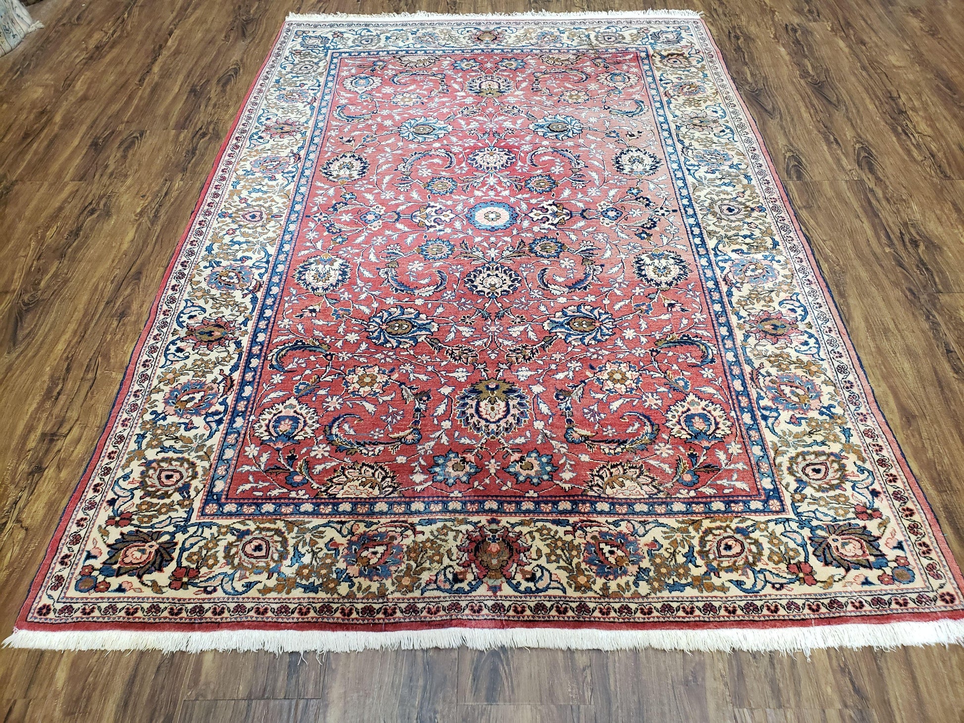 Semi Antique Persian Kashan Rug, Red & Beige, Hand-Knotted, Wool, 4'7" x 6' 6", Pair B - Nuvé