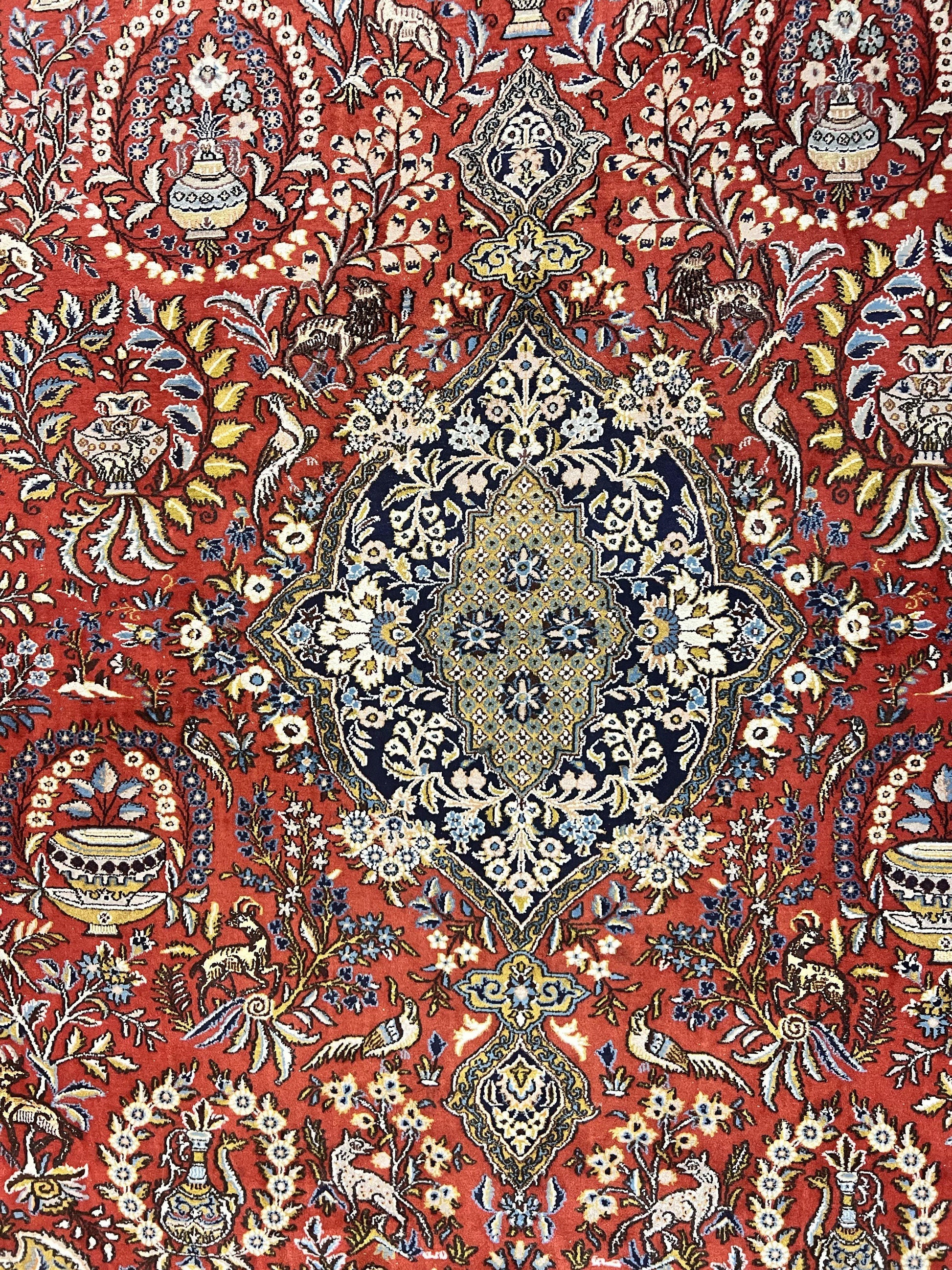 Wonderful Persian Qum Rug 10x14, Wool w/ Silk Highlights, Hand Knotted Semi Antique Vintage Carpet, Red, Floral, Fine Weave, Birds Deer Pictorials - Nuvé