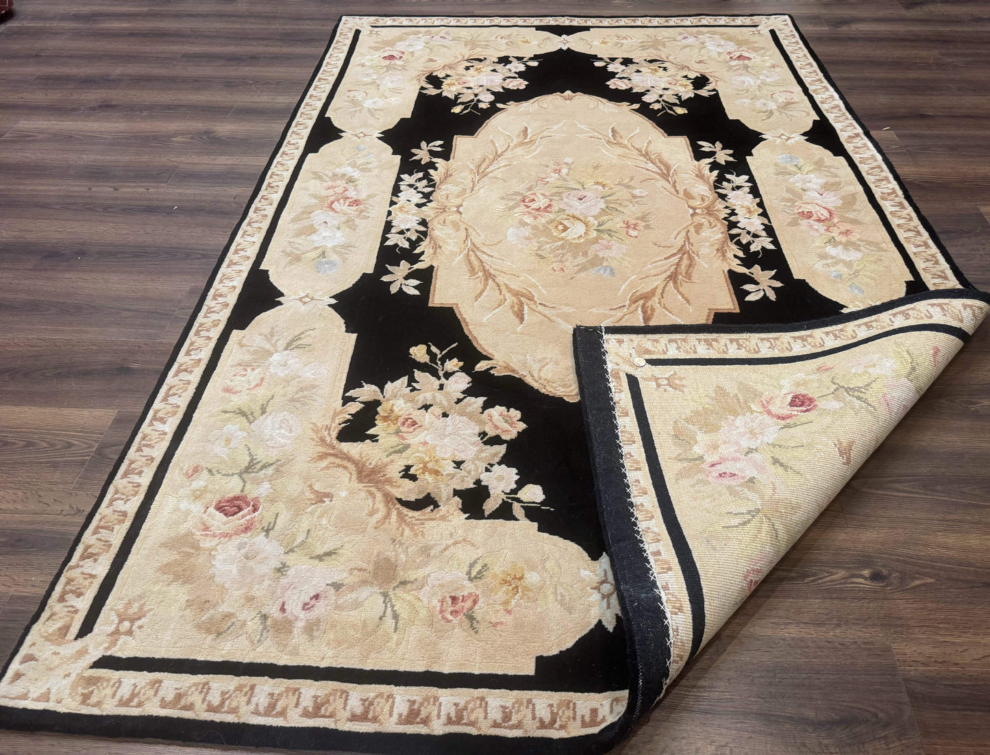 Chinese Aubusson Rug 6x9, Wool Pile, Black, Floral, Elegant - Nuvé