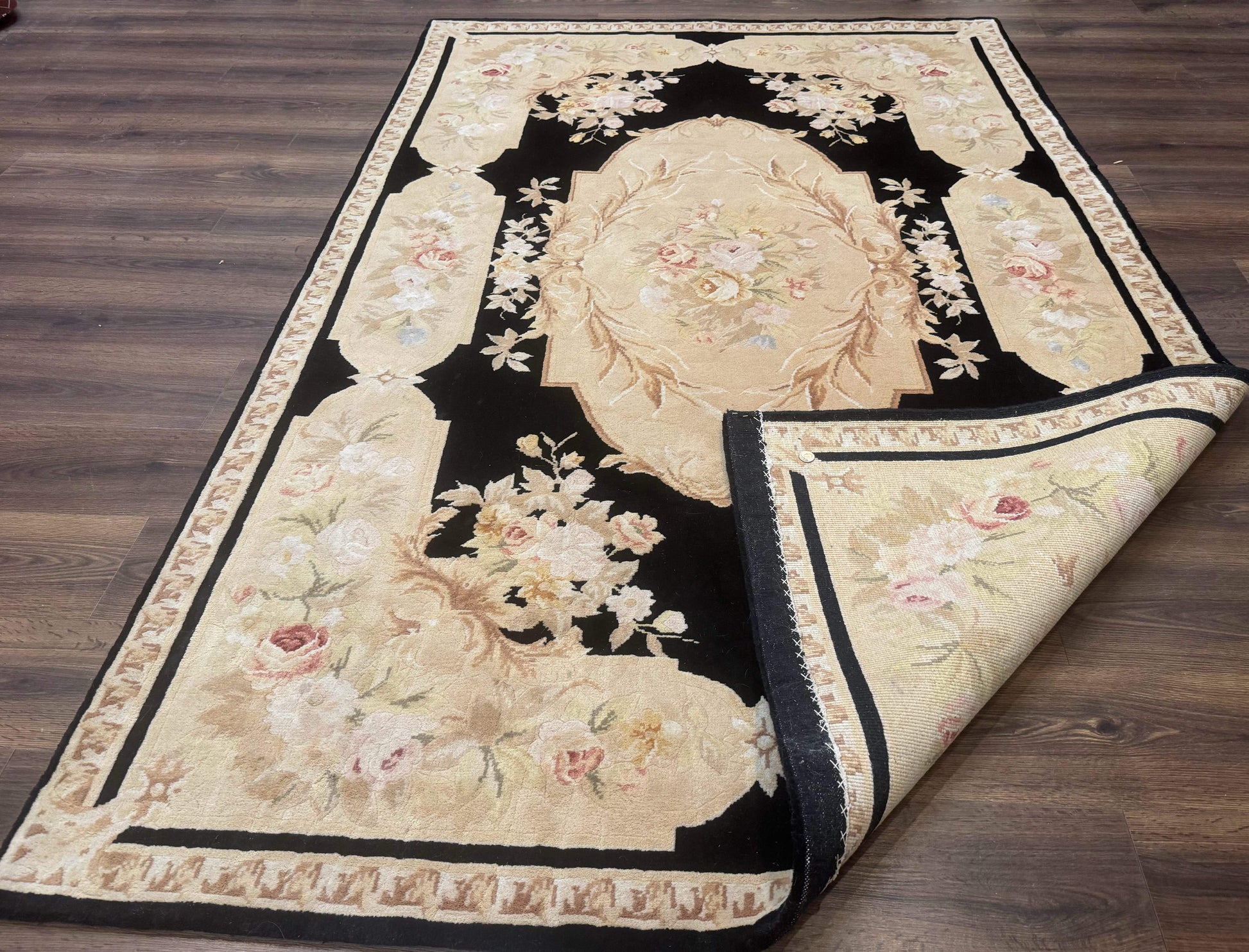 Chinese Aubusson Rug 6x9, Wool Pile, Black, Floral, Elegant - Nuvé