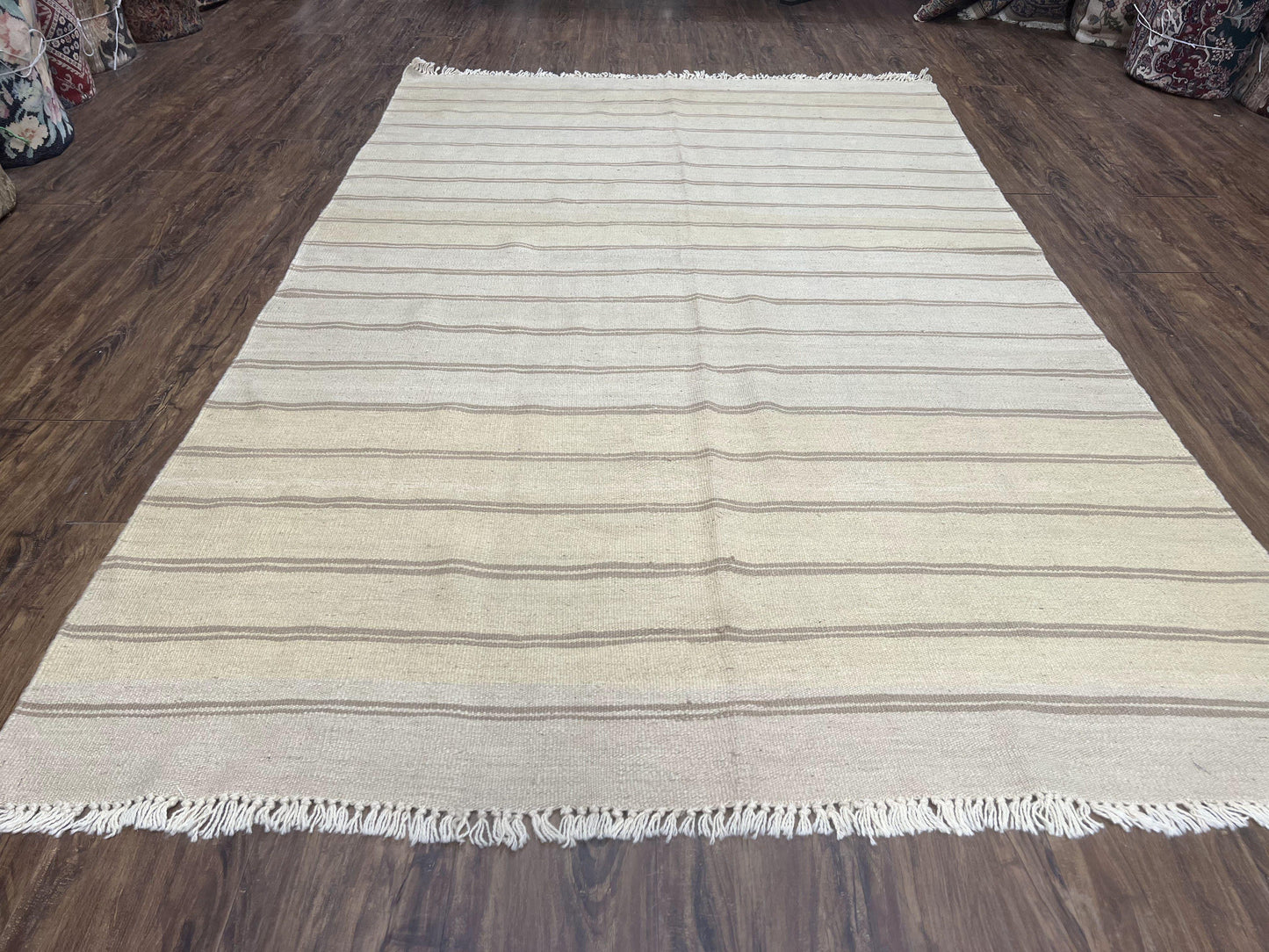 New Turkish Kilim Rug 5x8 Flatweave Carpet, Bohemian Rug, Contemporary Rug, Hand Woven, Wool Area Rug, Gray and Taupe, Striped Pattern - Nuvé