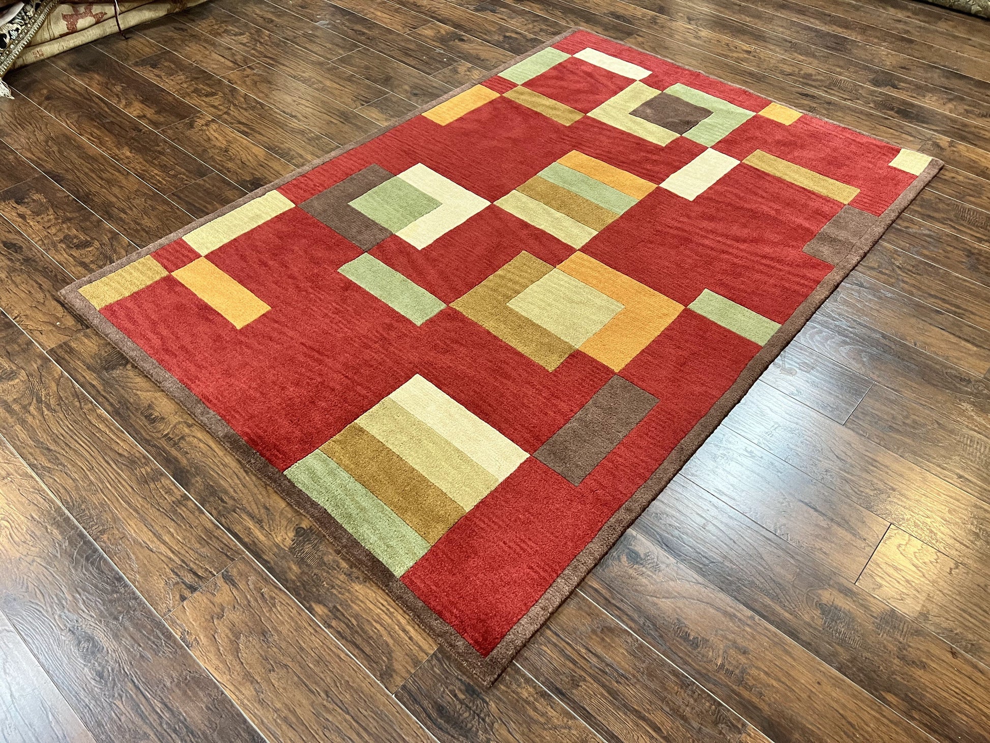 Indo Tibetan Modern Rug 5x8, Abstract Rug 5 x 8 ft, Red Multicolor Wool Handmade Contemporary Area Rug - Nuvé