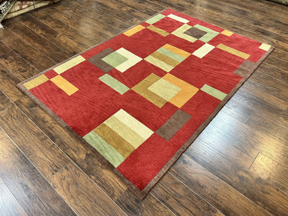 Indo Tibetan Modern Rug 5x8, Abstract Rug 5 x 8 ft, Red Multicolor Wool Handmade Contemporary Area Rug - Nuvé