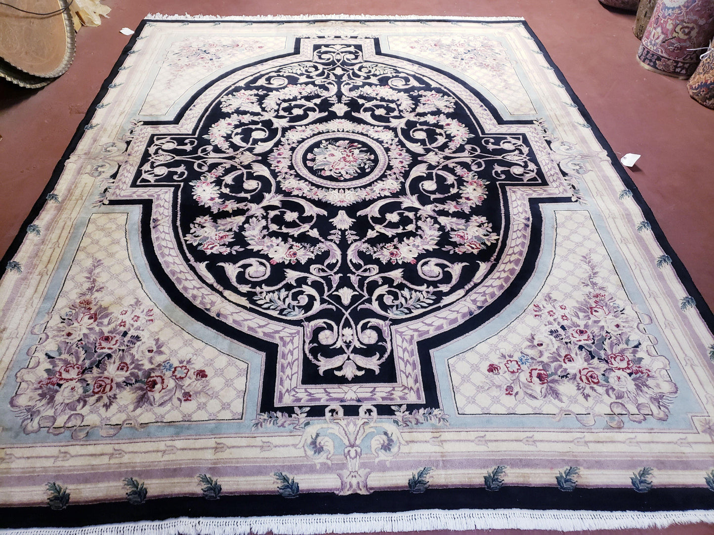 8x10 Aubusson Rug, Fine Hand Knotted Wool Carpet, French European Design, Black & Ivory - Nuvé