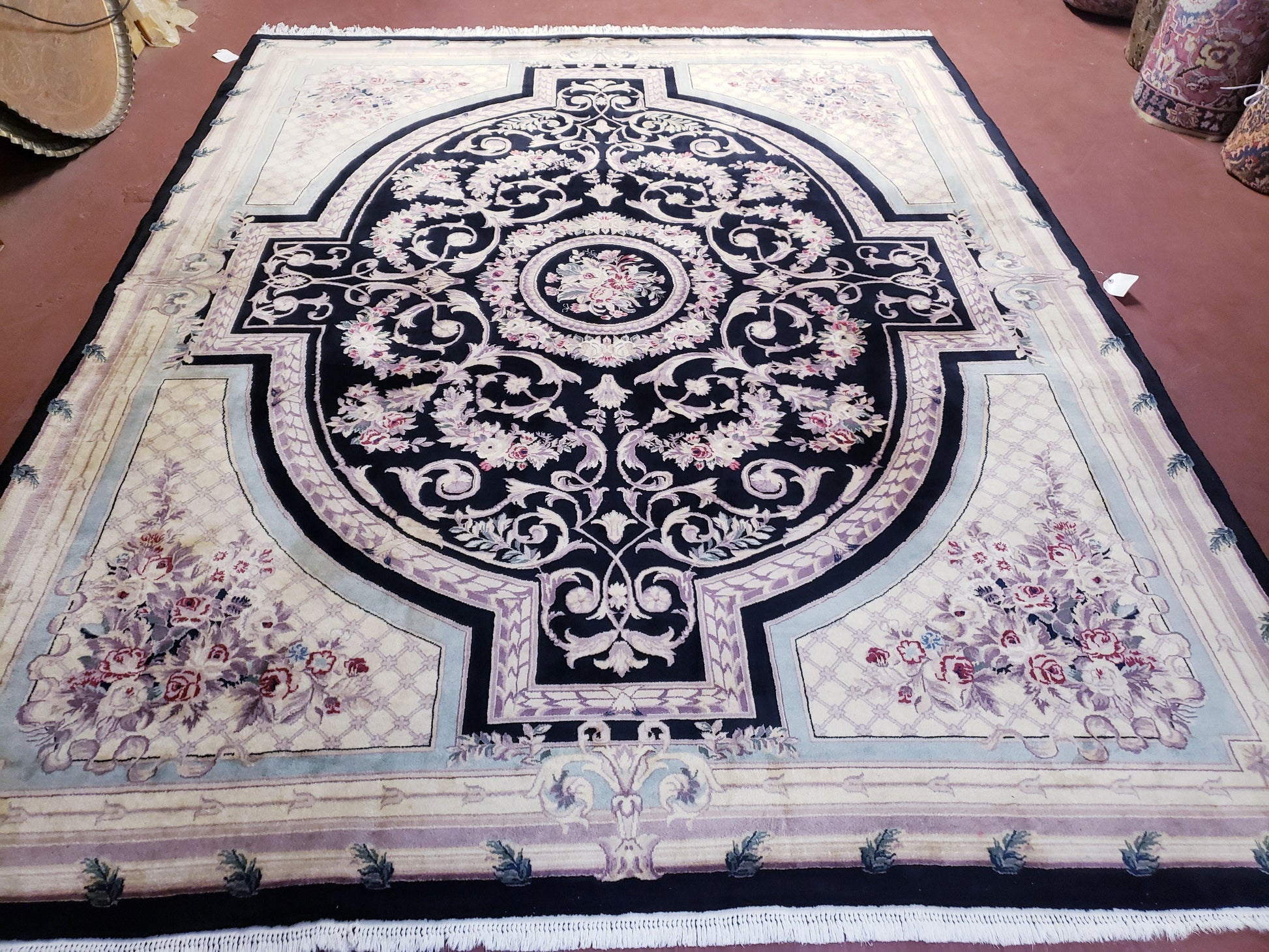 8x10 Aubusson Rug, Fine Hand Knotted Wool Carpet, French European Design, Black & Ivory - Nuvé