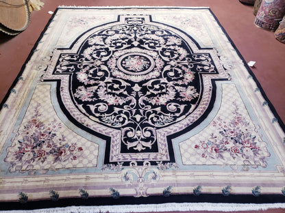 8x10 Aubusson Rug, Fine Hand Knotted Wool Carpet, French European Design, Black & Ivory - Nuvé