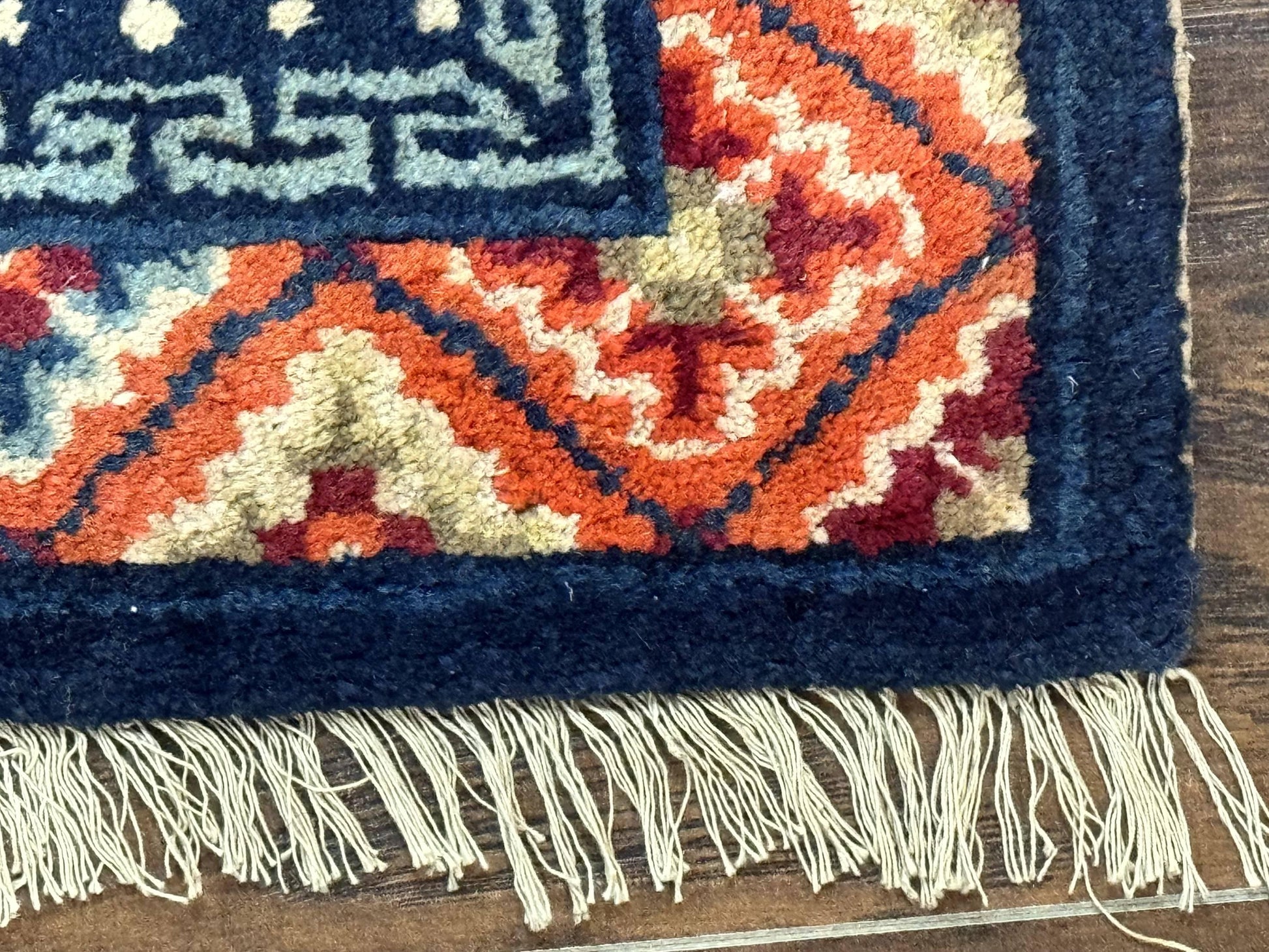 Small Antique Chinese Square Rug 2x3, Tibetan Rug, Red Orange Blue, 1920s Rug - Nuvé