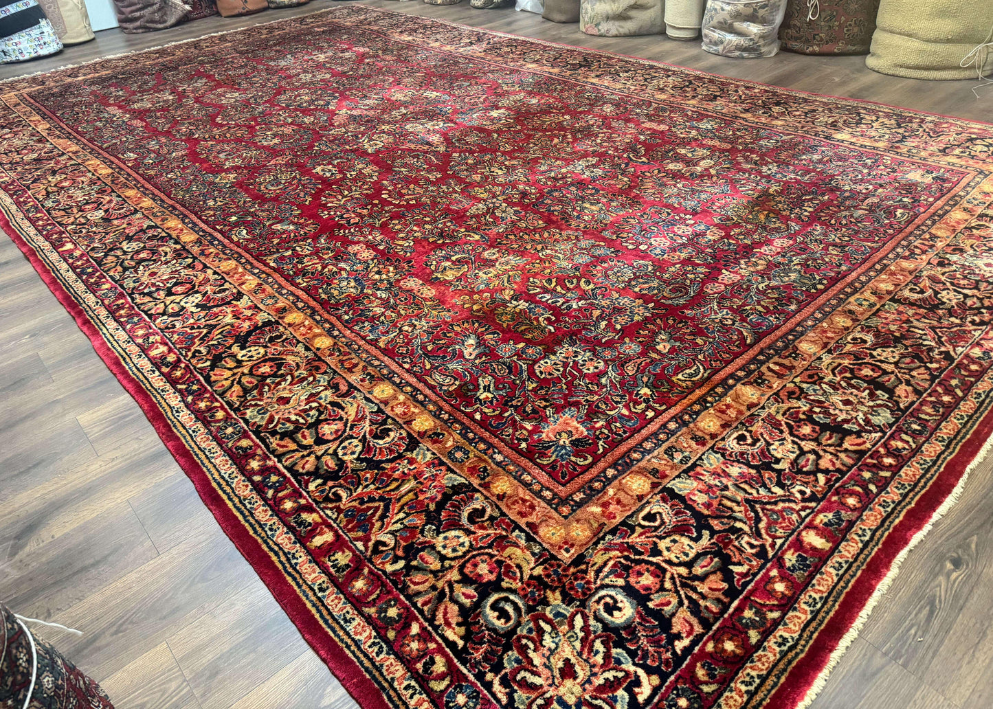 Persian Sarouk Rug 10x18, Palace Size Antique Persian Carpet, Wool, Red, Floral, Handmade Traditional Persian Rug, Extra Large Rug - Nuvé