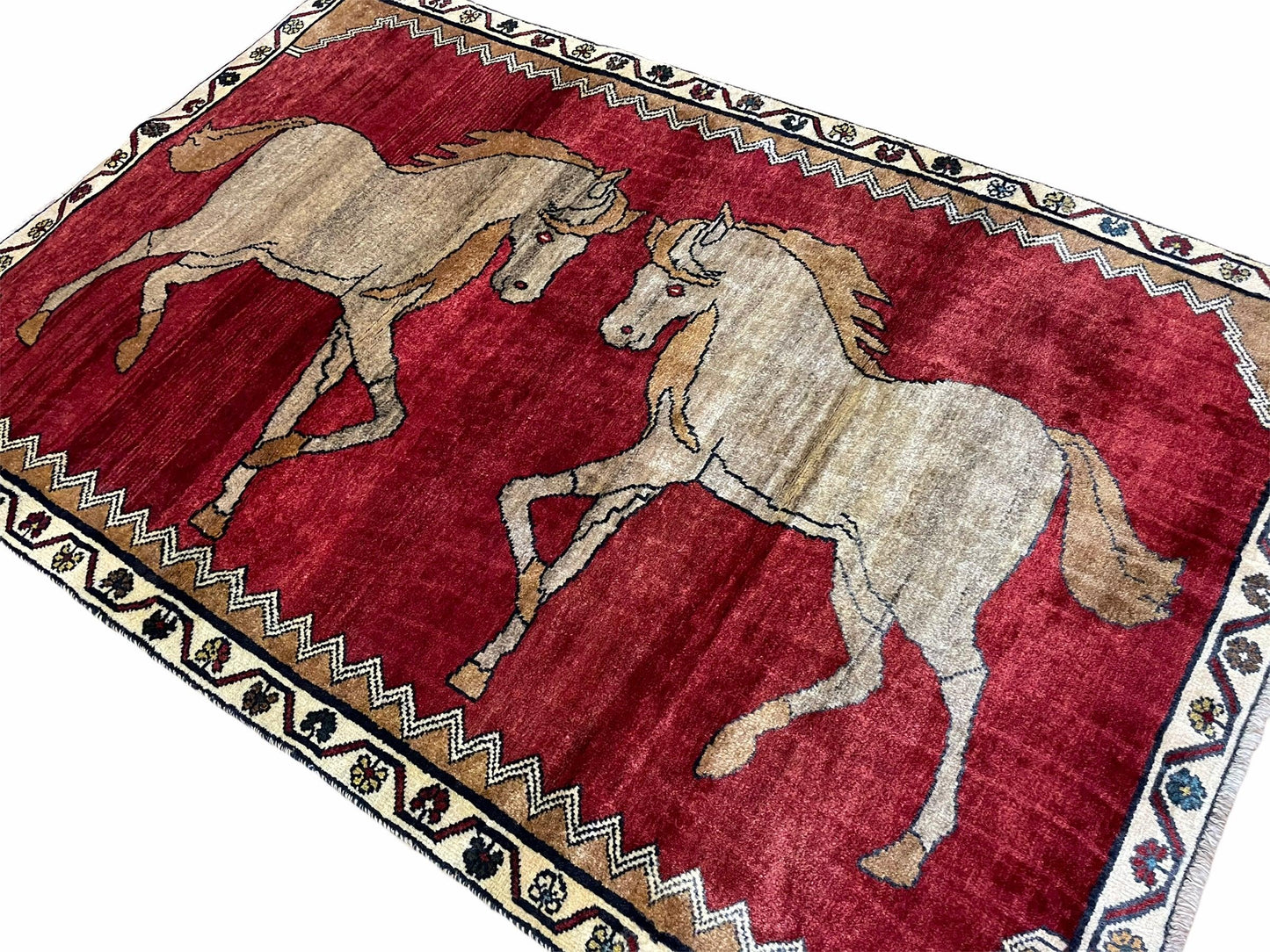4 X 6 Handmade Hand-Knotted New Vintage Rug Wool Horses Red Organic Dyes Tribal - Nuvé