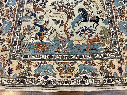 Persian Kashan Pictorial Rug 4.6 x 7, Hunting Scene, SIgned by Masterweaver, Animal Pictorials, Rare, Handmade, Wool, Vintage, Very Fine - Nuvé