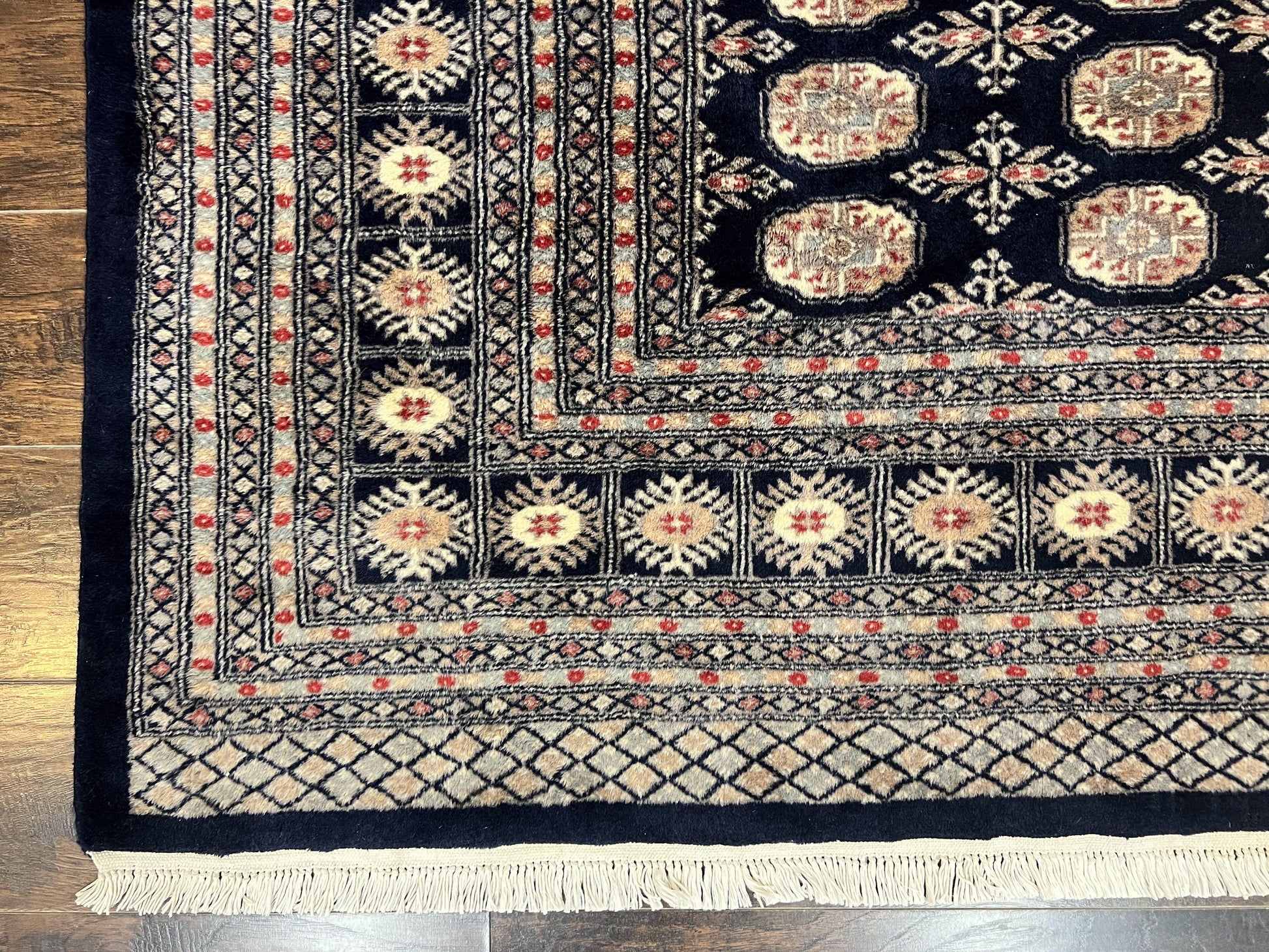 Pakistani Bokhara Rug 8x10, Turkoman Carpet, Dark Blue and Beige, Vintage Handmade Wool Carpet - Nuvé