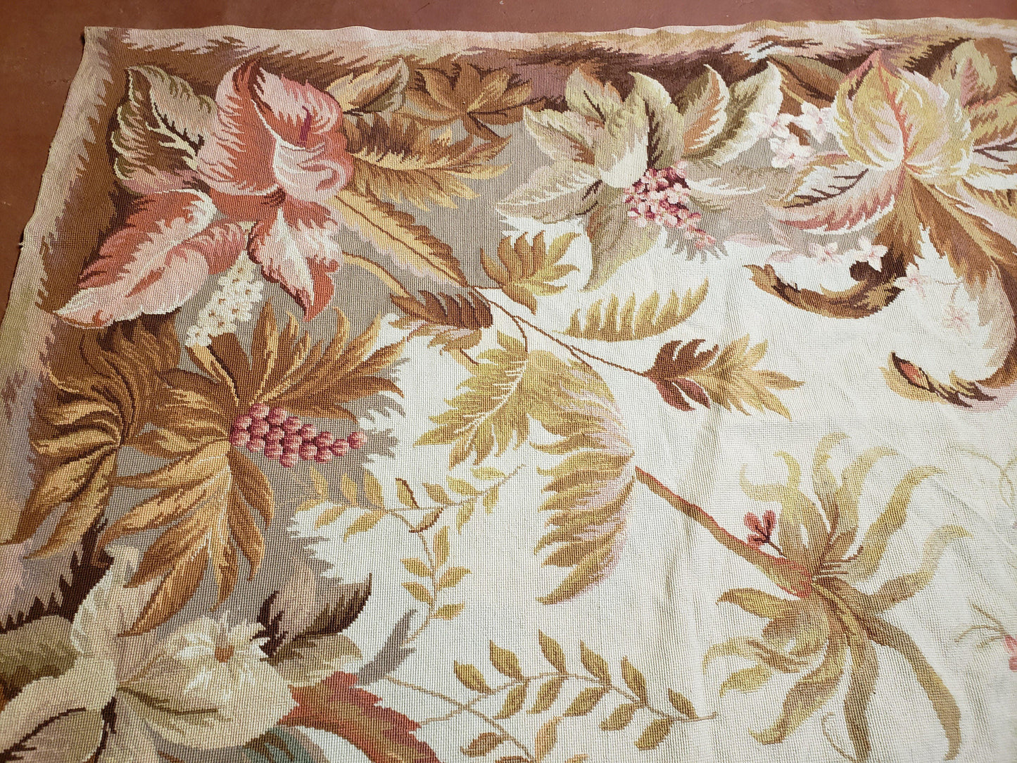 7' 7" x 9' 8" Needlepoint Rug Floral Beige Flat Weave Carpet 8x10 Handmade New Area Rug - Nuvé
