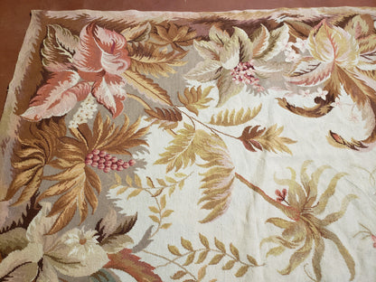 7' 7" x 9' 8" Needlepoint Rug Floral Beige Flat Weave Carpet 8x10 Handmade New Area Rug - Nuvé