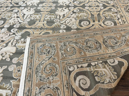 Spanish Rug 11x14, Wool Hand Knotted Vintage Carpet, Olive Green and Beige, Floral Allover, European Design, 11 x 14 Rug - Nuvé