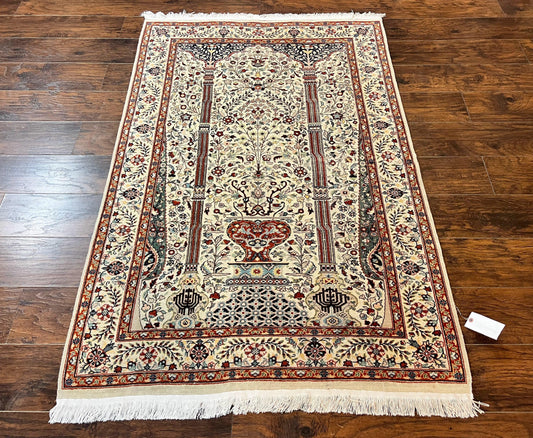 Pak Perisan Prayer Rug 4x6, Tree of LIfe Carpet, Handmade Vintage Wool Rug, Beige, Floral Vases - Nuvé