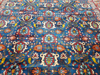 Rare Antique Persian Veramin Carpet, Mina-Khani Pattern, Blue, Red, Ivory, 7x11 ft, Hand-Knotted, Wool