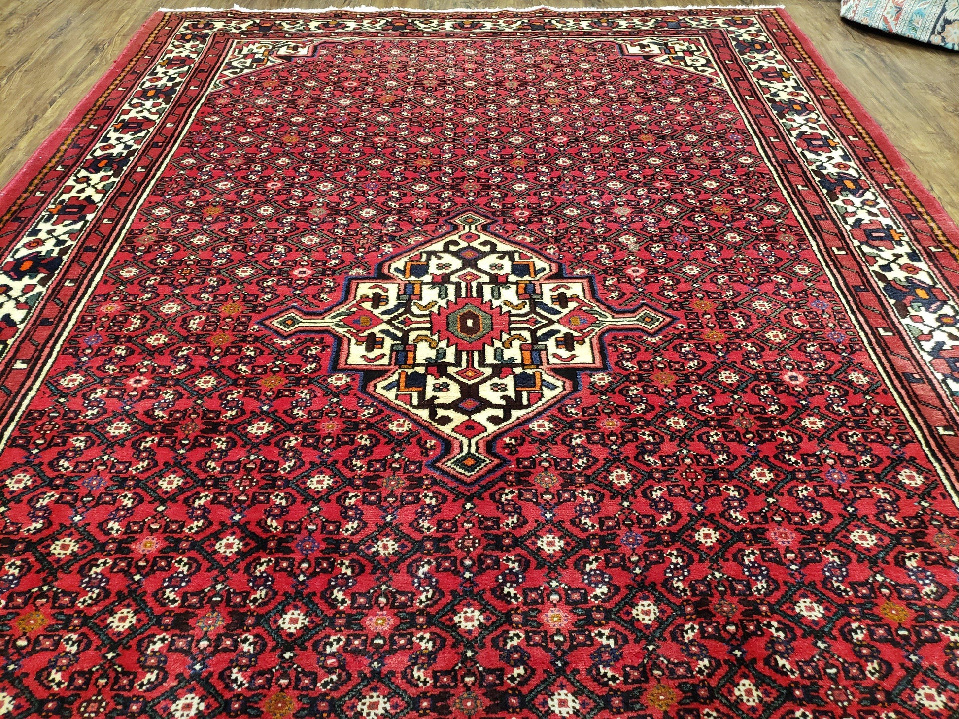 Vintage Persian Hamedan Rug 7x10, Angelas Mahi Pattern, Red, Wool, Hand-Knotted - Nuvé