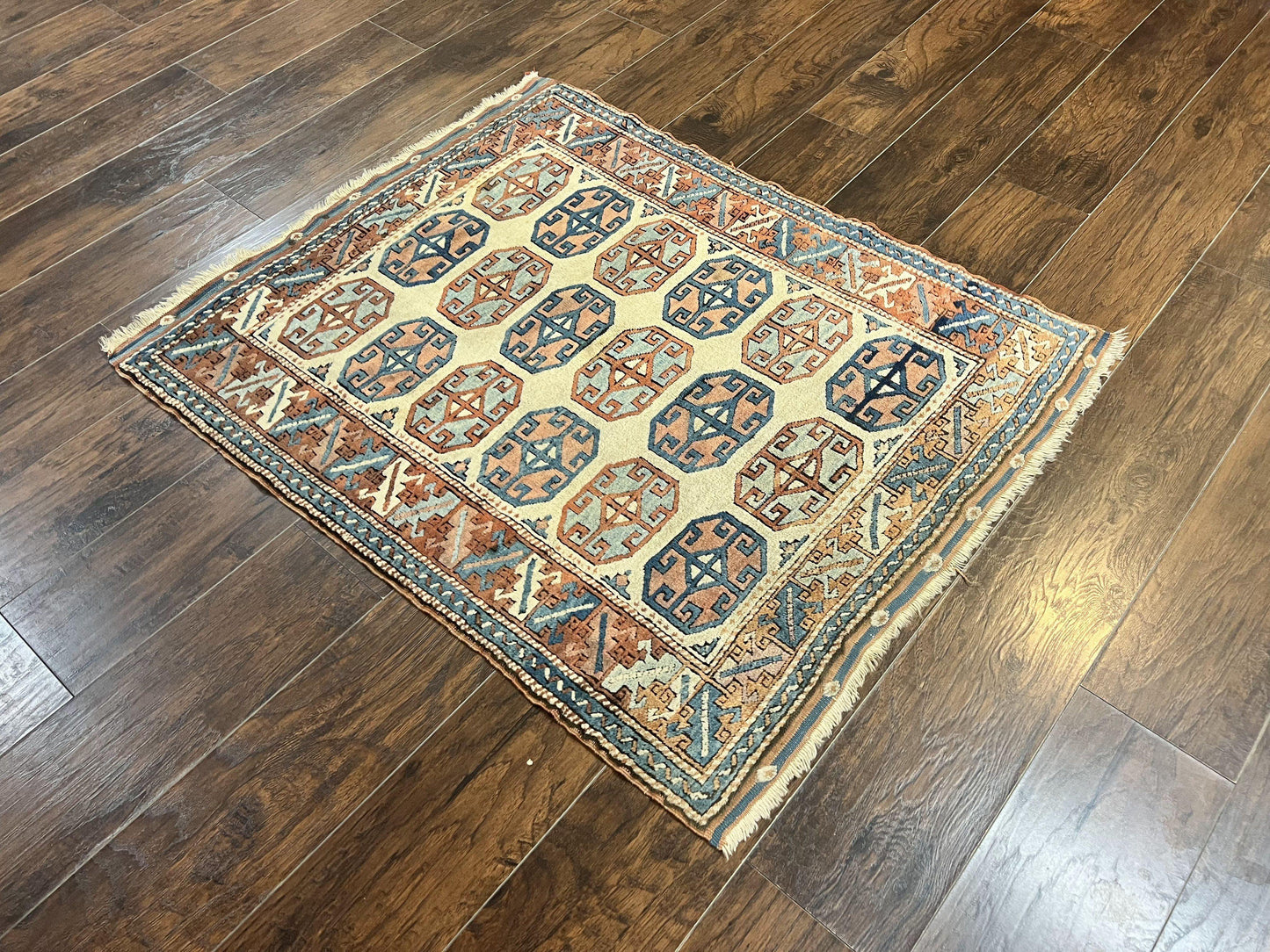 Turkish Kazak Rug 3x4, Wool Hand Knotted Handmade Vintage Carpet, Geometric Tribal Repeated Motif, Small 3 x 4 Antique Rug, Cream Red - Nuvé