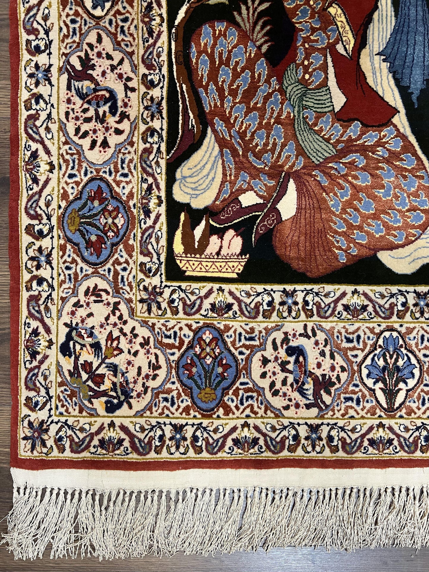 Persian Pictorial Rug 5 x 4 ft, Persian Isfahan Rug, Kork Wool on Silk Foundation, Signature from Master Weaver, Drums and Musical Instruments, Birds, Detailed - Nuvé