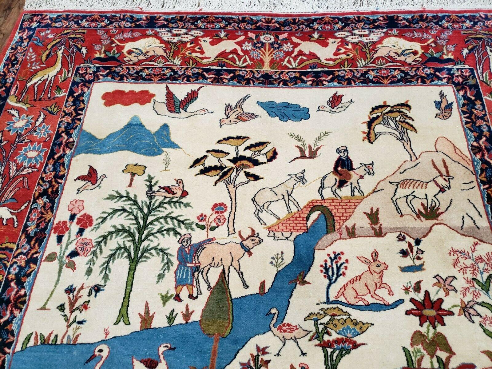Antique Persian Isfahan Rug 5x7, Animal and Human Pictorials, Hand Knotted Fine Oriental Wool Carpet, Cream and Red, High KPSI, Vintage Rug 5 x 7 ft - Nuvé