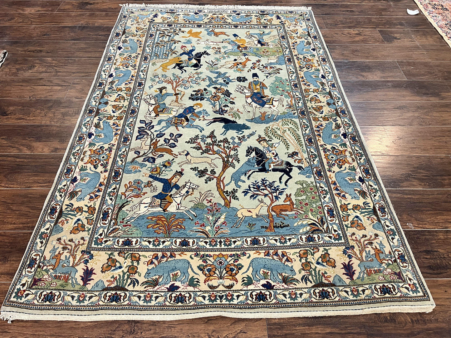 Persian Kashan Pictorial Rug 4.6 x 7, Hunting Scene, SIgned by Masterweaver, Animal Pictorials, Rare, Handmade, Wool, Vintage, Very Fine - Nuvé