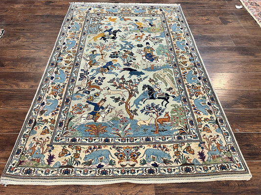 Persian Kashan Pictorial Rug 4.6 x 7, Hunting Scene, SIgned by Masterweaver, Animal Pictorials, Rare, Handmade, Wool, Vintage, Very Fine - Nuvé