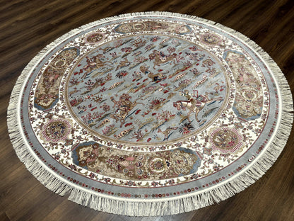 Round Silk Rug 6x6, Hunting Design, Bamboo Silk, Animal Pictorials - Nuvé