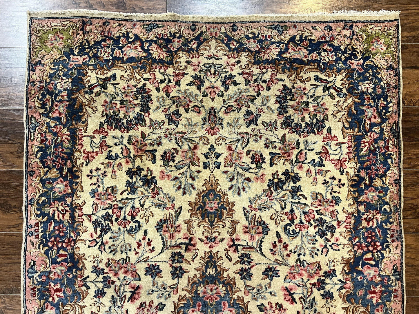 Antique Persian Kirman Rug 4x7, Cream and Navy Blue, Hand Knotted Wool Floral Carpet - Nuvé