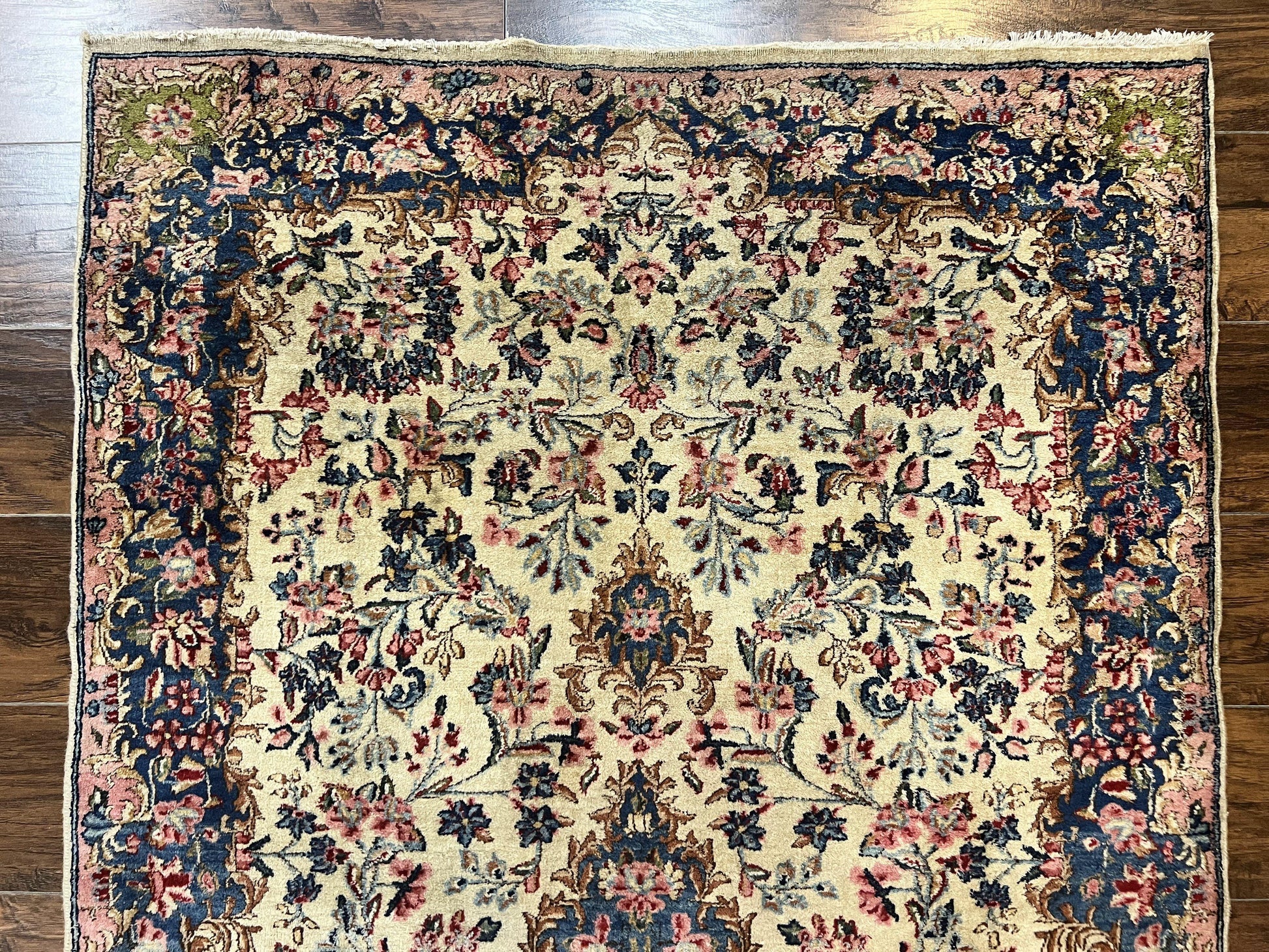 Antique Persian Kirman Rug 4x7, Cream and Navy Blue, Hand Knotted Wool Floral Carpet - Nuvé