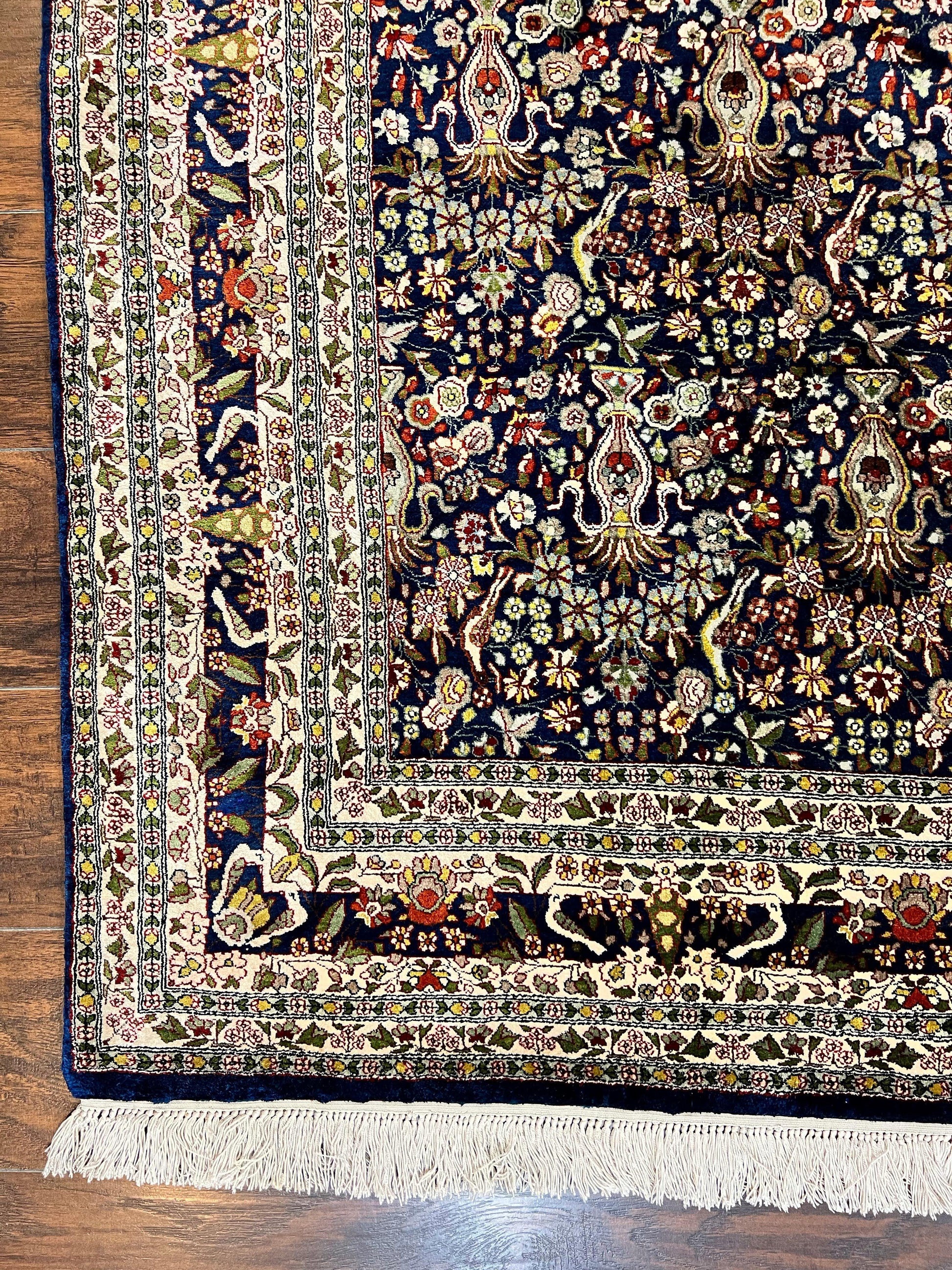 Silk Indian Kashmiri Rug 5x7, Navy Blue Indo Persian Silk Carpet 5 x 7 ft, Hand Knotted Handmade Very Fine Oriental Carpet, 450 KPSI, Birds - Nuvé
