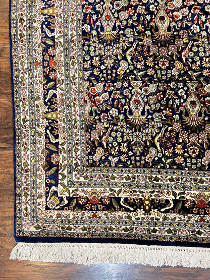 Silk Indian Kashmiri Rug 5x7, Navy Blue Indo Persian Silk Carpet 5 x 7 ft, Hand Knotted Handmade Very Fine Oriental Carpet, 450 KPSI, Birds - Nuvé