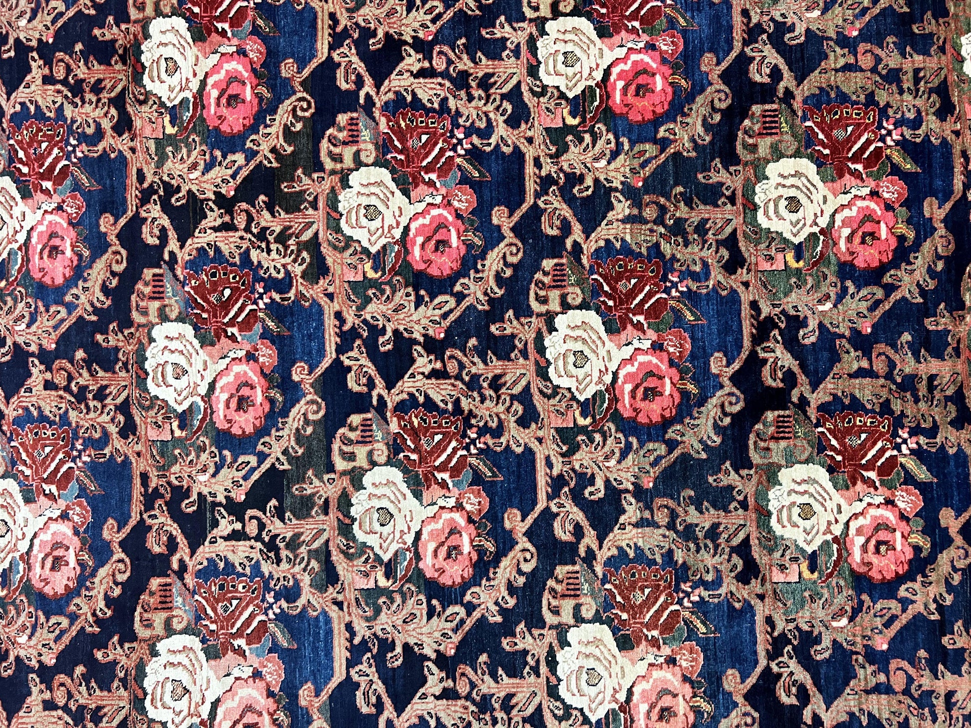 Persian Bidjar Rug 8x11, Floral Bouquets, Blue Black Red Pink, Handmade Hand Knotted Vintage Semi Antique Oriental Carpet - Nuvé