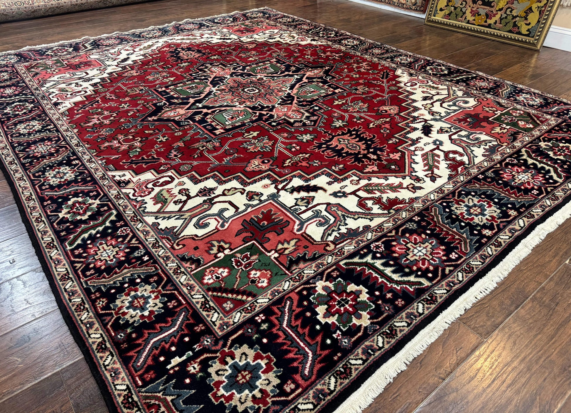 Indo Persian Heriz Rug 8x10, Geometric Medallion, Brick Red Ivory Navy Blue, Room Sized Heriz Carpet, Wool Rug - Nuvé