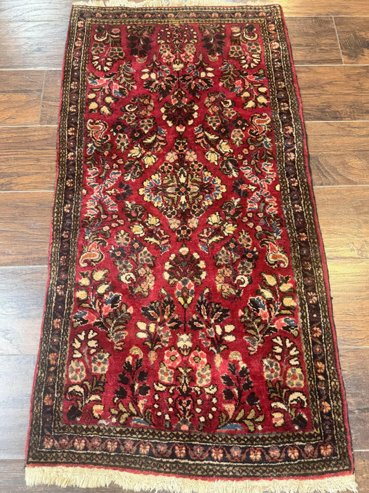 Small Persian Sarouk Rug 2x4, Floral, Red Hand Knotted Wool Traditional Oriental Carpet, Antique Persian Rug 2 x 4 - Nuvé