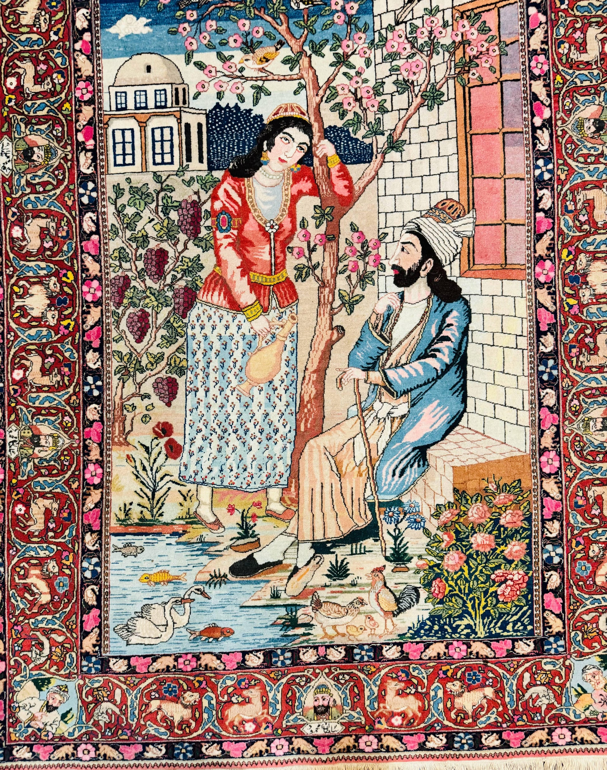Wonderful Persian Kashan Pictorial Rug 4.7 x 6.5, Persian Rug for Wall Hanging, Handmade Antique Wool Carpet Animal Motifs Poetry Lovers, 240 KPSI - Nuvé