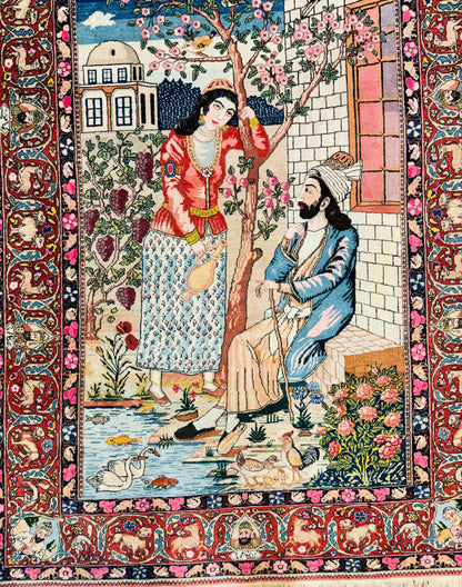 Wonderful Persian Kashan Pictorial Rug 4.7 x 6.5, Persian Rug for Wall Hanging, Handmade Antique Wool Carpet Animal Motifs Poetry Lovers, 240 KPSI - Nuvé