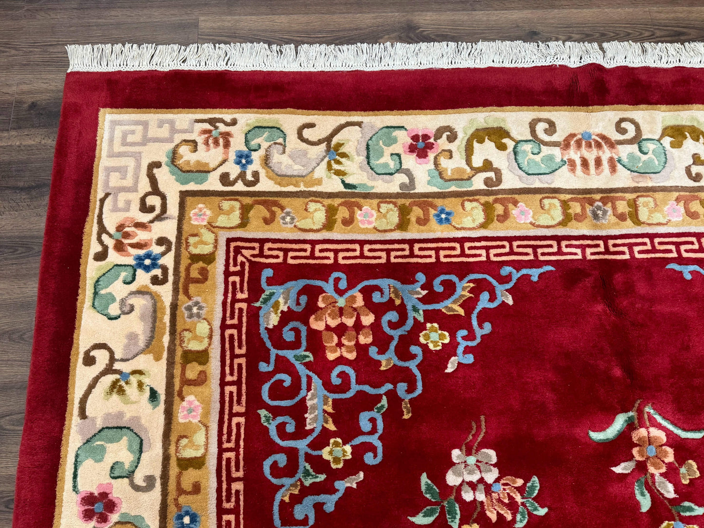 Indo Chinese Wool Rug 9x12, Red Art Deco Carpet, Vintage - Nuvé
