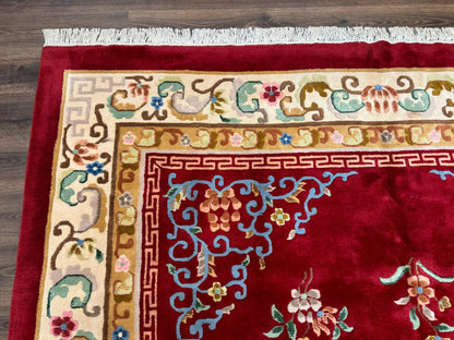 Indo Chinese Wool Rug 9x12, Red Art Deco Carpet, Vintage - Nuvé