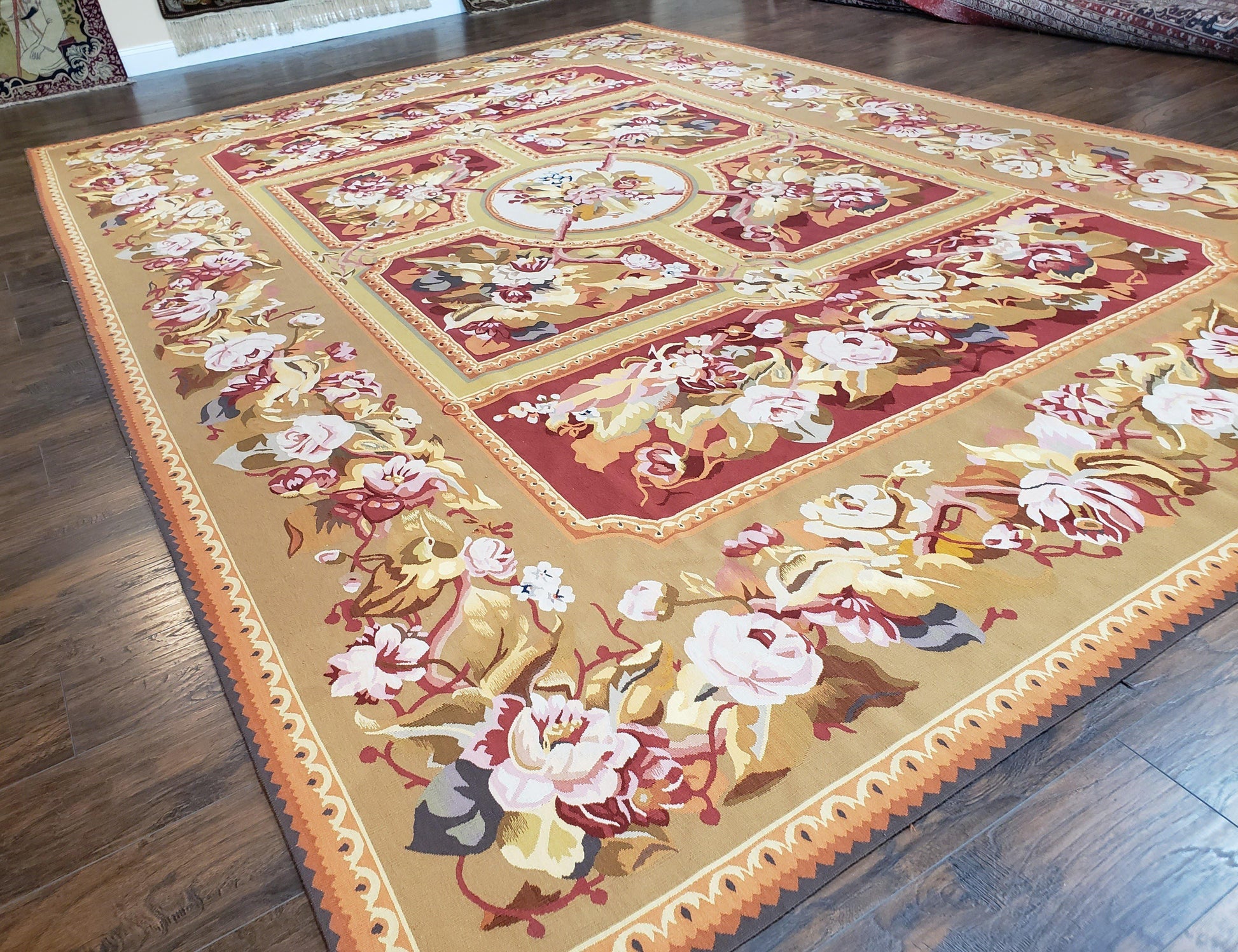 Vintage Chinese Aubusson Savonnerie Flat Pile Rug 9.9 x 14.5 Wool Handwoven Red & Khaki Large Flowers Rug 9x14 - 10x15 Michaelian Kolhberg - Nuvé