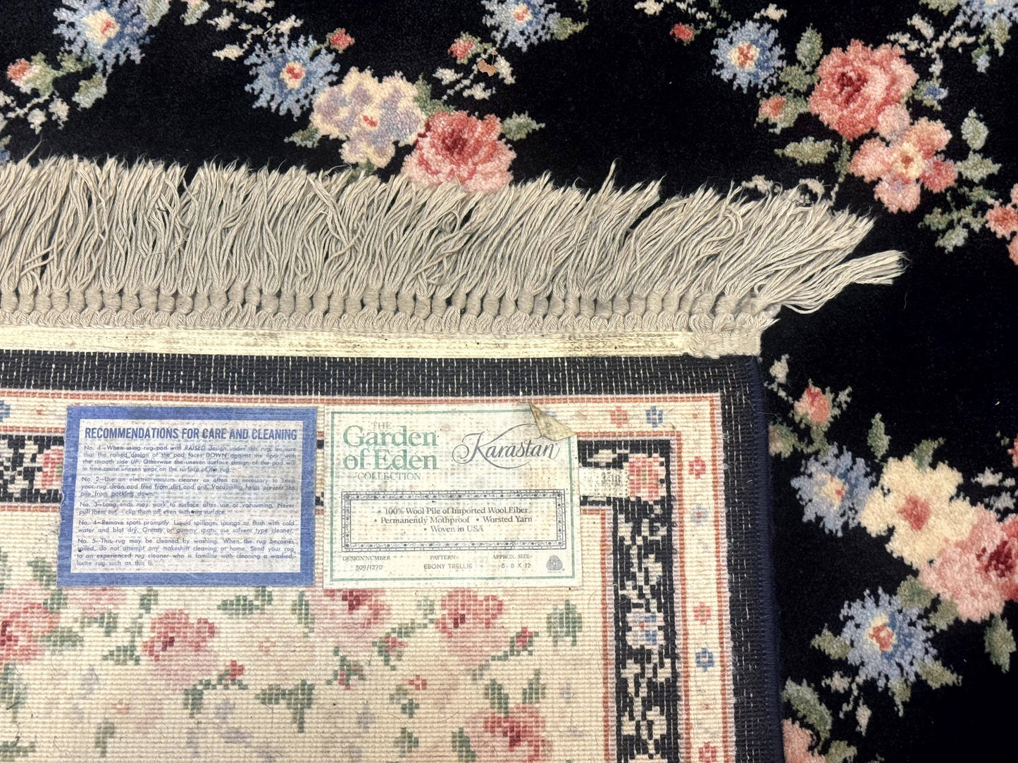 8.8 x 12 Karastan Garden of Eden Rug, Ebony Trellis #509/1270, Black, Floral, Wool Pile, Vintage, Discontinued - Nuvé