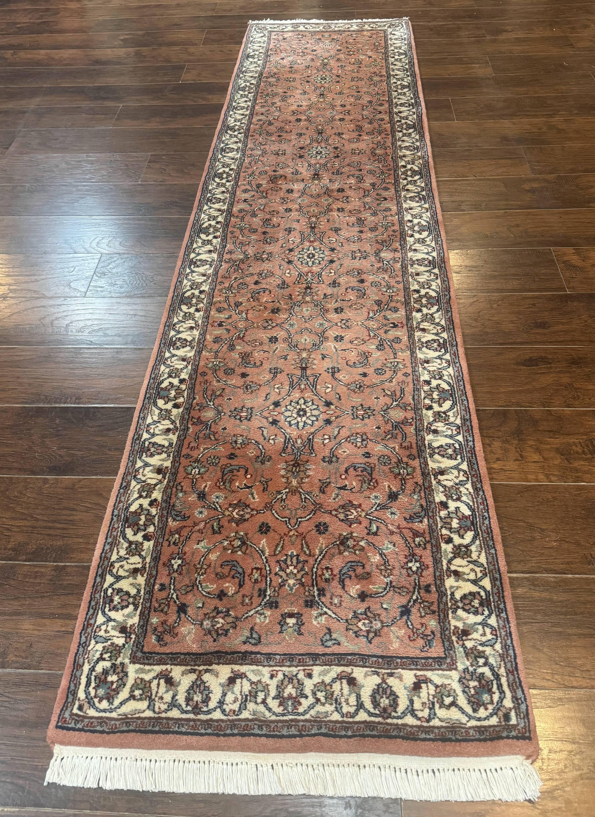 Indo Persian Runner Rug 2.6 x 10, Coral and Cream, Hand Knotted 10ft Wool Oriental Runner for Hallway or Kitchen - Nuvé