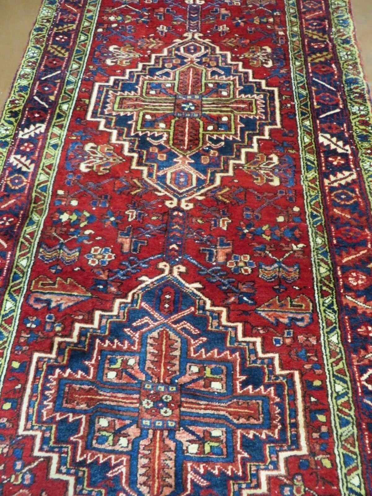 Persian Runner Rug, Heriz Runner Rug, Geometric Medallions, Red Cream Navy Blue Wool Hallway Rug 3.9 x 10.8 Antique Oriental Runner Handmade - Nuvé