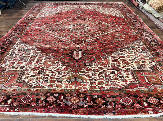 Large Persian Heriz Rug 10x13, Red and Cream Geometric Tribal Room Sized Handmade Wool Hand Knotted Semi Antique Decorative Oriental Carpet - Nuvé
