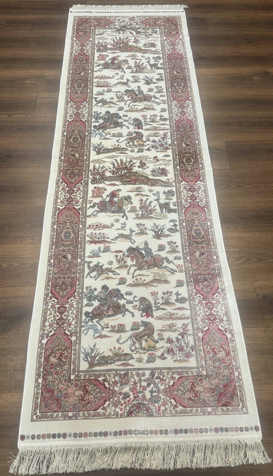 Turkish Silk Runner Rug 2.6 x 8, Hunting Design, Ivory, Bamboo Silk, New - Nuvé