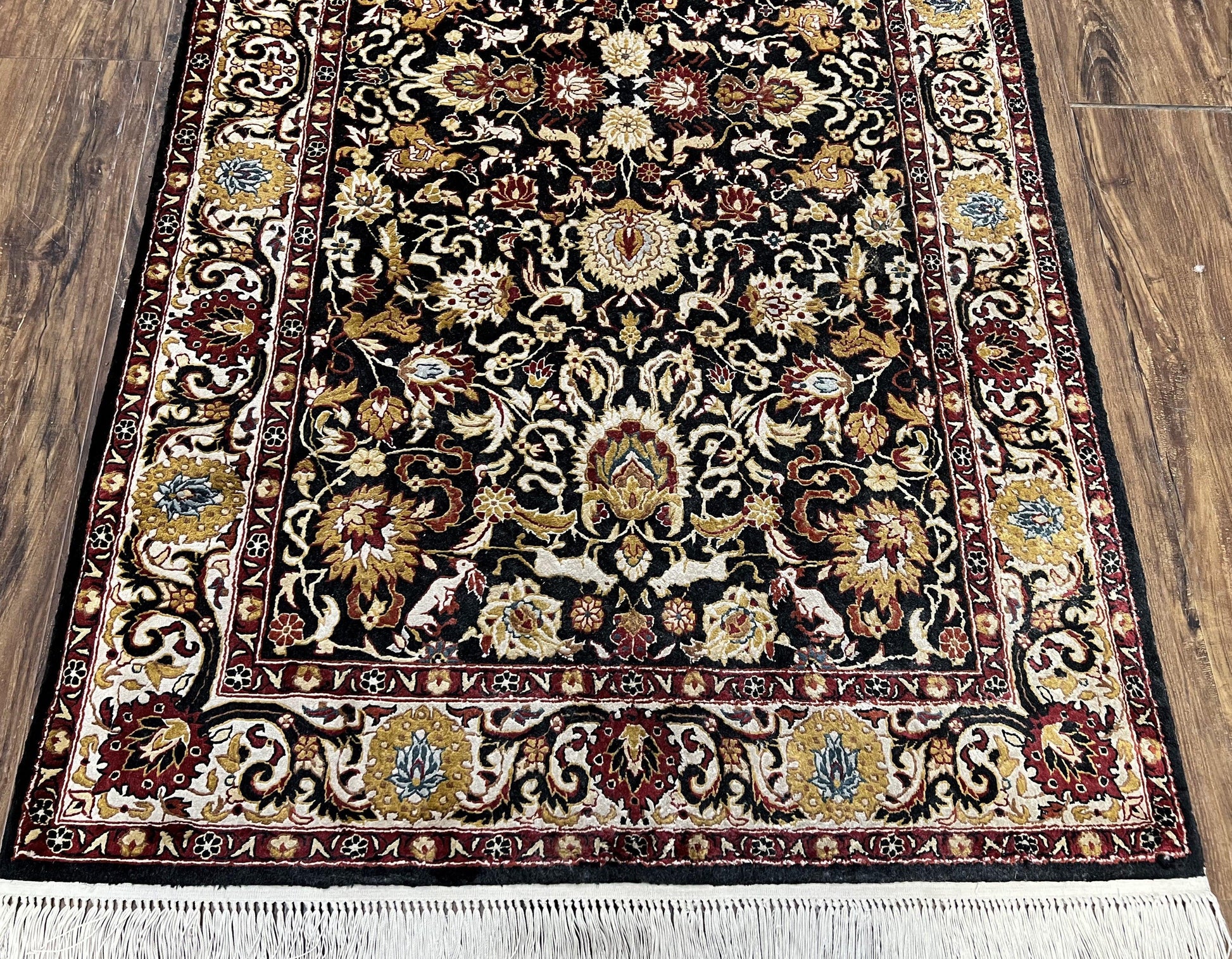 Sino Persian Silk Rug 3x5 Oriental Carpet 3 x 5 Fine Silk Rug, Black Ivory Gold, Animal Motifs, Flowers, High Quality, Vintage Silk Rug Wow - Nuvé